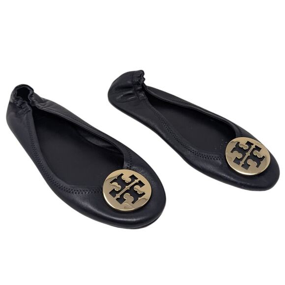 Tory Burch Minnie Black Leather Ballet Flats Gold Logo Size 8.5 - Picture 2 of 6